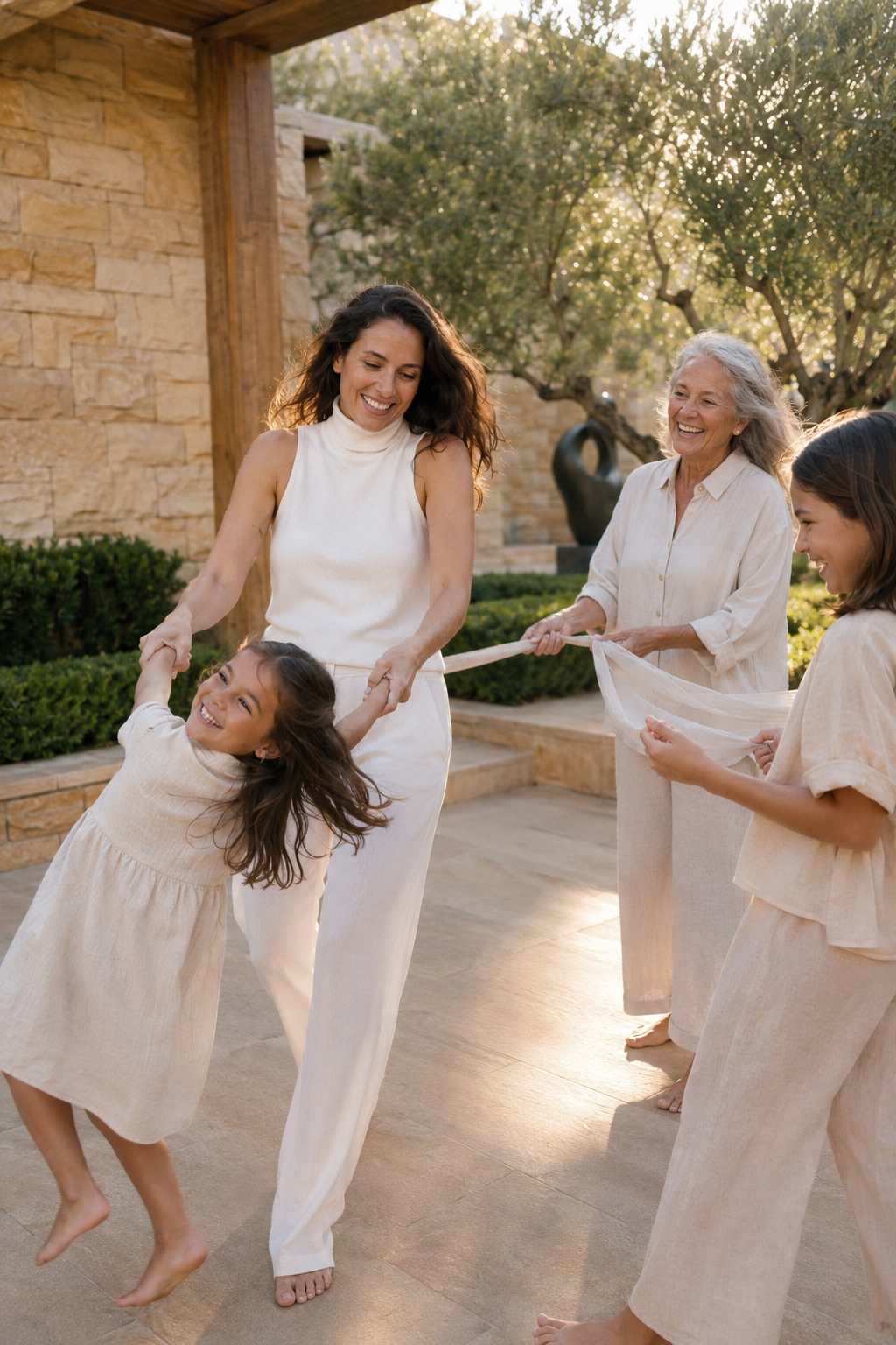Three generations of women laughing and playing together in a sunlit garden