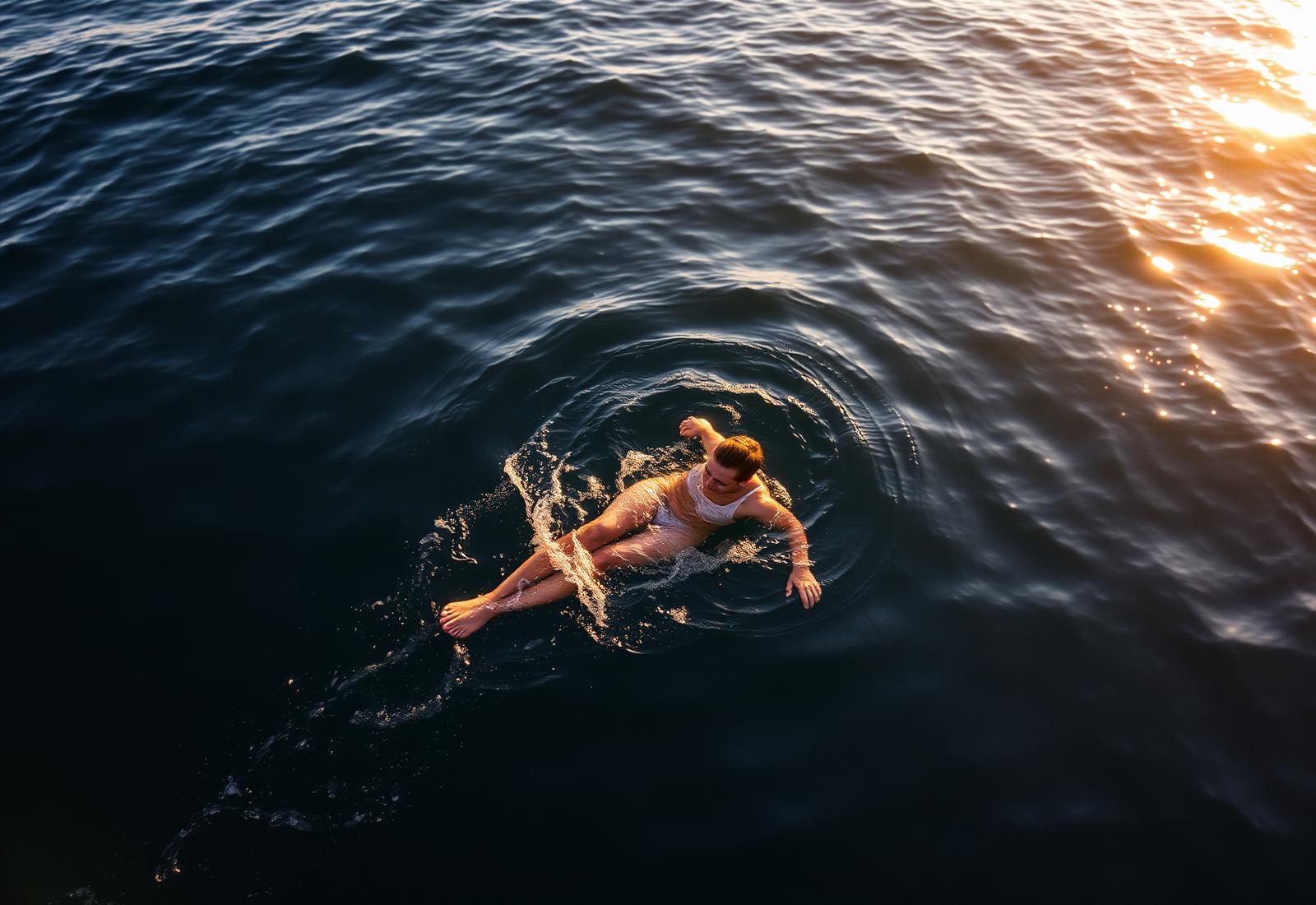 Open-water swimmer at sunrise - active longevity
